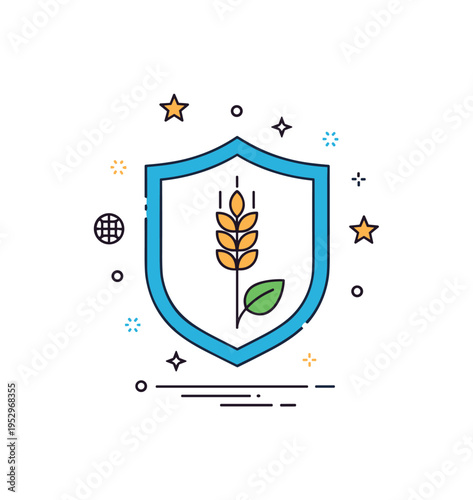 Food security concept illustrated by a simple shield icon containing a wheat ear and small leaf, expressing protection of food resources and sustainable