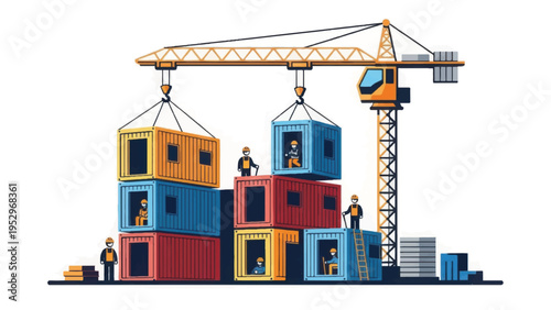 Modular Architecture Construction: Tower Crane Stacking Shipping Containers into Prefabricated Homes. Teamwork and Efficient Housing Development.