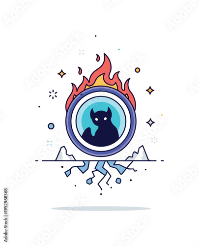 Fiery portal summoning concept represented by a circular energy ring hovering above fractured terrain with a shadowy creature silhouette partially visible