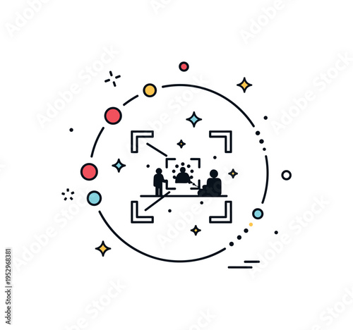 Perspective framing in storytelling represented by a simple silhouette scene enclosed within a circular frame, symbolizing narrative context and viewpoint. The