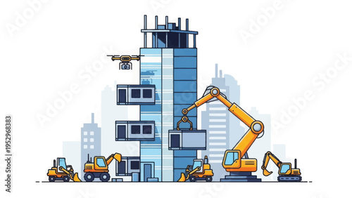 Modern Modular Construction Site Vector: Crane Lifting Prefabricated Units onto a Skyscraper with Drone Monitoring.