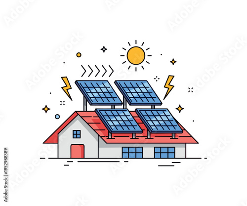 Solar panels on rooftop depicted with a simplified roof topped by angled solar modules and a bright sun above, representing renewable energy and modern home