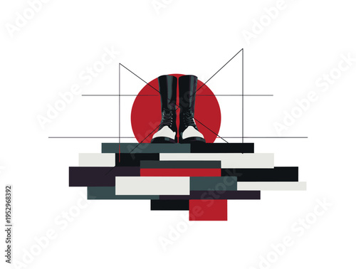 black and white boots standing firmly on ground, deep red circle behind lower half, geometric flat blocks suggesting foundation and stability, thin
