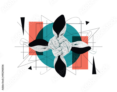 black and white fabric knot detail enlarged as focal point, framed by teal geometric circle and coral rectangular forms, thin grid lines and abstract shapes