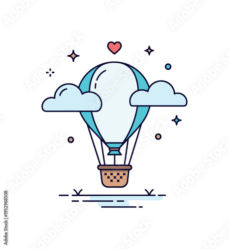Romantic balloon ride theme illustrated through a single balloon with a small heart accent above the basket, conveying intimacy, shared adventure, and dreamy