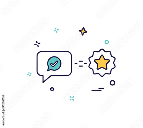 Growth through feedback concept featuring a speech bubble with a small correction mark evolving into a star badge, expressing constructive criticism,
