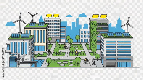 Green City Concept Sketch: Sustainable Urban Planning Illustration with Solar Energy, Wind Power, and Eco Architecture.