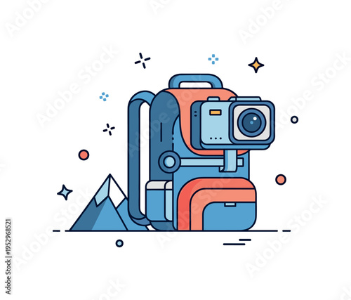Action cameras mountain climbing recording theme showing a compact camera attached to a simplified backpack silhouette with a small peak icon behind it. A