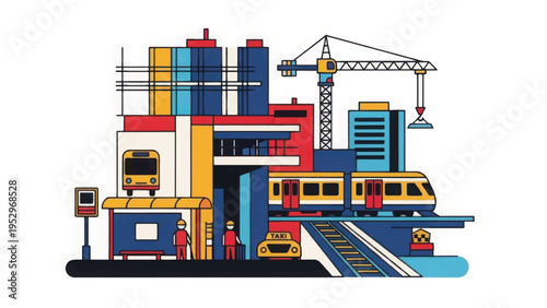 Stylized Urban Development Illustration: City Construction, Public Transportation, Metro Train, Crane, and Modern Infrastructure Growth Concept.