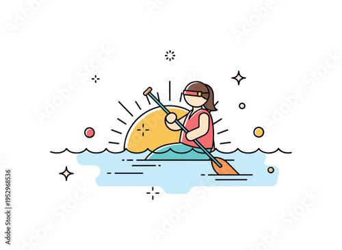 Mindful ocean glide theme illustrated by a relaxed paddler with subtle sparkle accents on calm water surface, symbolizing gratitude, presence, and connection
