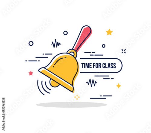 School bell ringing time concept illustrated by a classic hand bell with subtle motion lines and small sound wave accents around it. A bright visual metaphor