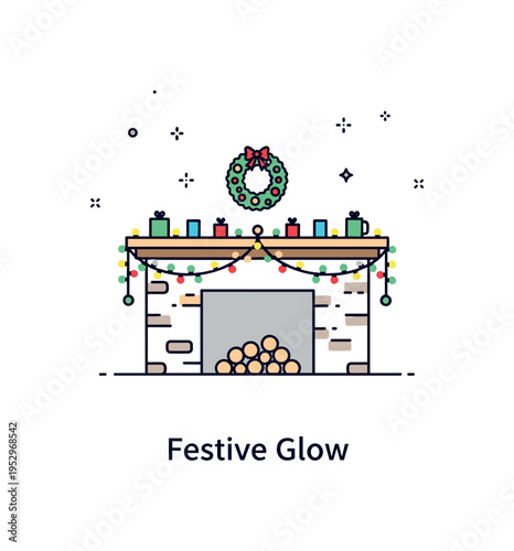 Fireplace mantel holiday lights scene with a simplified mantel shelf outlined by tiny glowing light accents and a central decorative wreath, representing