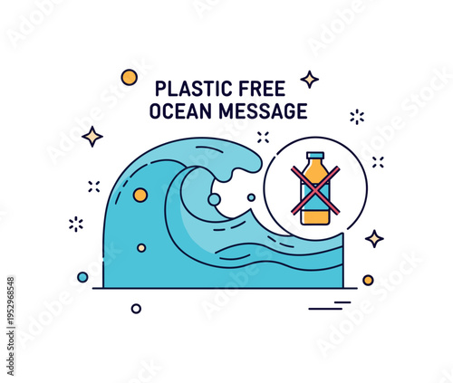 Plastic free ocean message wave icon combined with a small crossed out bottle symbol, expressing environmental awareness and clean sea initiatives. Minimalist