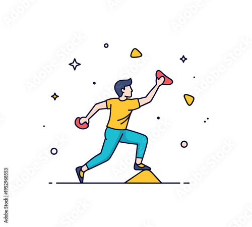 Bouldering problem solving illustrated by a climber reaching sideways for a single highlighted hold, conveying strategy, precision, and mental focus. A dynamic