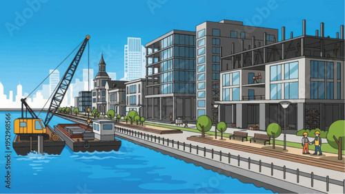 Pixel Art Waterfront Construction Site. Urban Development Project along the Riverfront. Retro 8-bit City Renewal Illustration.