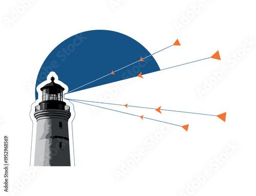 A monochrome realistic lighthouse beam cutting diagonally across the frame, deep blue semicircle framing the upper space, thin diagonal lines amplifying the