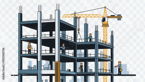 High-rise construction site vector illustration featuring structural steel frame, construction workers, and large tower crane. Real estate development concept.