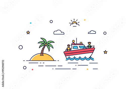 Tropical island boat cruise scene with relaxed passengers on a compact boat approaching a tiny palm tree silhouette and calm wave lines. A bright and