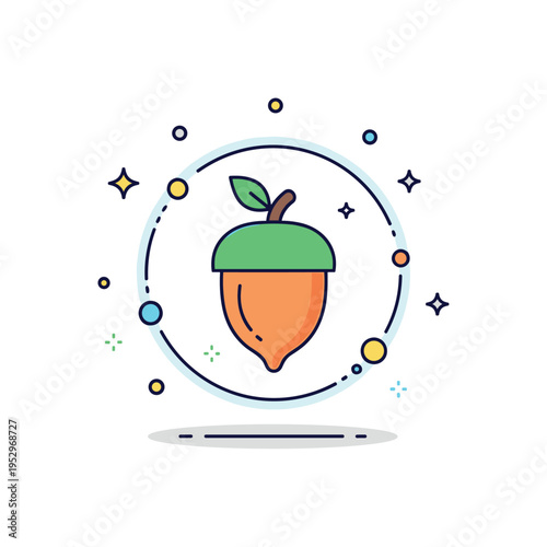 Eco growth acorn badge depicted by an acorn framed within a soft circular outline and tiny sparkle accents, symbolizing sustainability and environmental