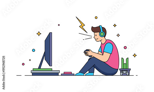 Playing video games focus and concentration illustration featuring a seated gamer with subtle lightning bolt accent indicating intense gameplay moment. The