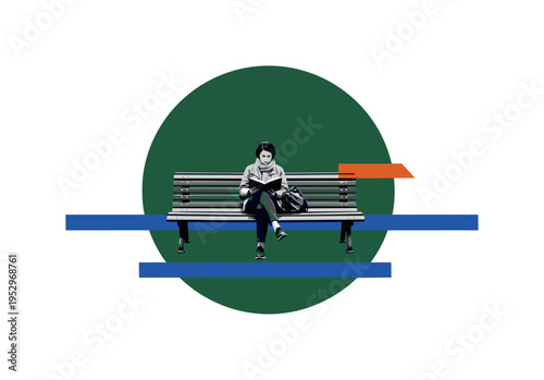 Black and white person sitting on park bench reading quietly, oversized deep forest green circular backdrop framing upper composition, cobalt blue horizontal