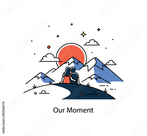 Romantic sunset mountain viewpoint concept featuring a couple silhouette seated on a small hill curve beneath a bold setting sun, tiny star accents appearing