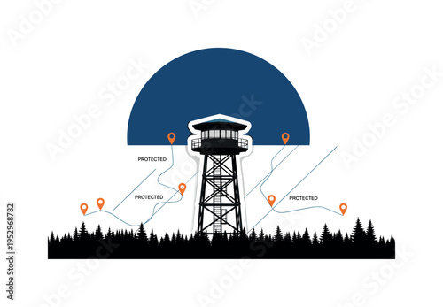 A monochrome realistic ranger lookout tower overlooking a simplified forest line, deep blue semicircle framing the upper composition, thin diagonal lines