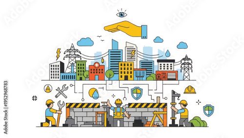 Smart City Planning, Construction and Infrastructure Development Management. Line Art Doodle Concept.