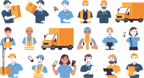 Delivery workers and logistics personnel are shown with boxes.