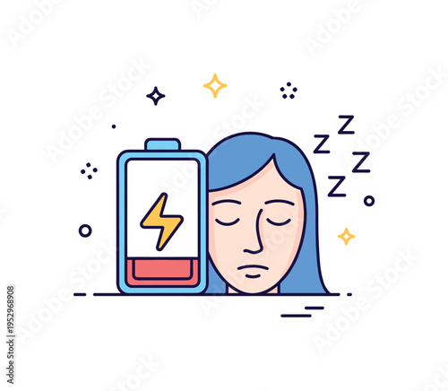 Energy renewal symbol glowing battery icon beside a peacefully sleeping face silhouette, representing rest as a source of physical and emotional recharge.
