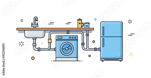 Kitchen plumbing rough in diagram sink, dishwasher and refrigerator water line icons connected by tidy pipe paths, conveying organized installation before