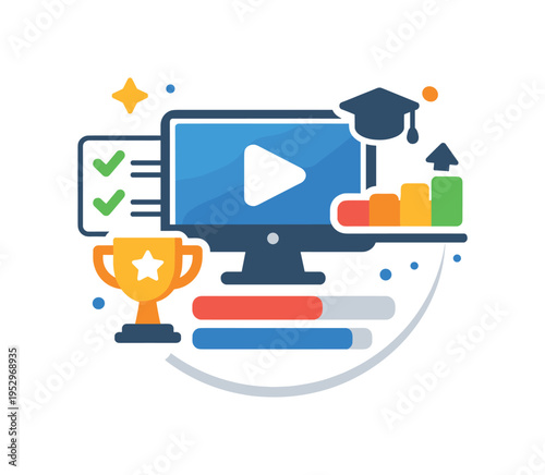 Online education platforms presented as a compact badge with checkmarks, progress bars, and a screen icon, highlighting structured courses, achievements, and