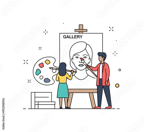 Gallery live demonstration featuring an artist palette and brush beside a partially completed portrait, conveying skill, focus, and creative transparency. A