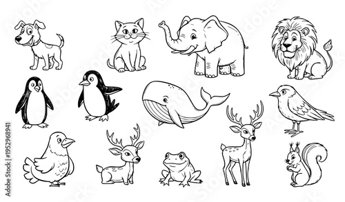 Hand drawn cartoon animal collection black and white vector set playful sketch style characters