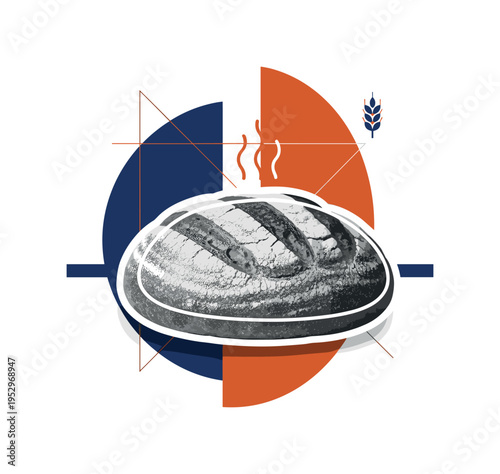 Black and white realistic loaf of fresh bread with visible crust texture as the main object, retro photographic style, white cut-out outline around the loaf,