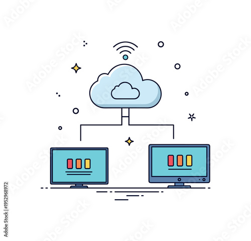 Cloud streaming technology central cloud icon connected by thin signal lines to phone and TV screens, representing seamless cross device content delivery.