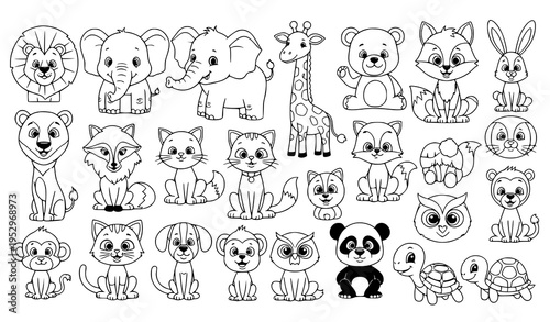Big cartoon animal vector set black and white cute wildlife characters collection for coloring pages