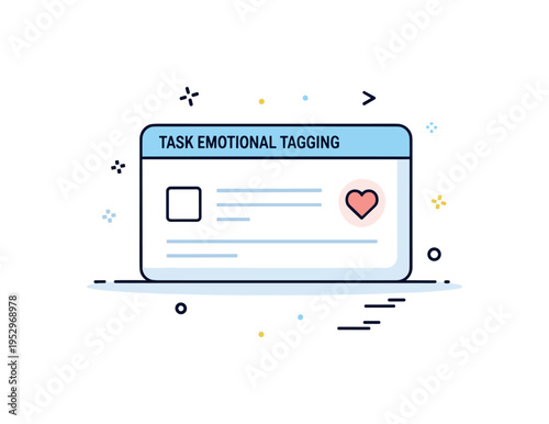 Task emotional tagging mindful organization concept featuring a clean task card with a single highlighted item marked by a small glowing heart accent. A subtle
