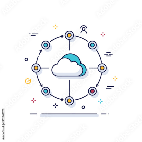 Edge computing and distributed services theme represented by a central cloud connected to small nodes placed along a circular boundary. The scene communicates