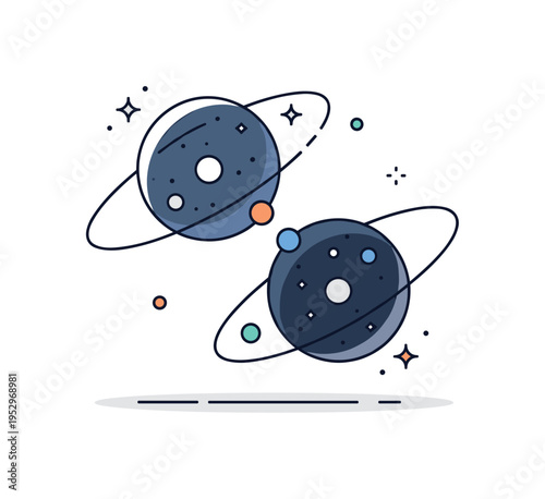 Cosmic dark energy and matter balance illustrated by two contrasting circular shapes, one bright and one shadowed, connected by orbit lines, expressing dual