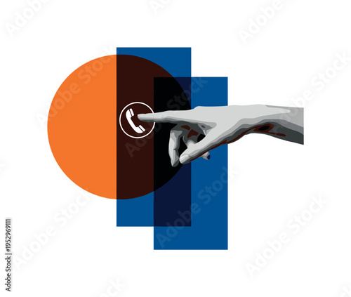 black and white hand pressing call button dramatically, oversized orange circle and deep blue abstract rectangles layered behind, flat geometric blocks forming