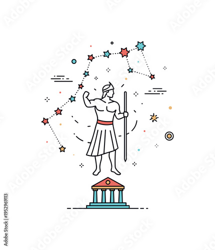 Myth inspired constellations simplified star pattern forming a heroic figure outline above a small temple icon, expressing how ancient stories shaped