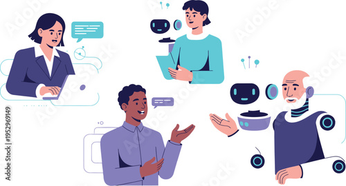 Users interact with futuristic artificial intelligence robot for.