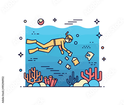 Underwater cleanup operation depicted by a diver silhouette collecting small debris shapes near coral icons, symbolizing direct action and marine stewardship.