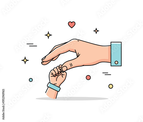 Gentle hands maternal tenderness theme showing a larger hand lightly holding a tiny baby hand at the center of the scene. A heartwarming visual metaphor of