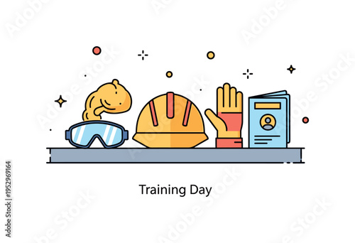 PPE gear laid out on table workplace orientation theme featuring a simple helmet and gloves paired with a small training booklet icon, expressing onboarding