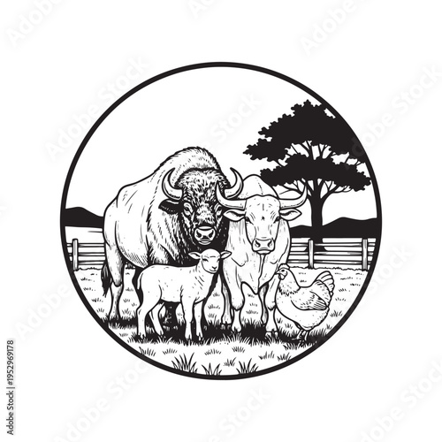 Rustic Farm Animals Livestock Circle Hand Drawn Engraving Illustration