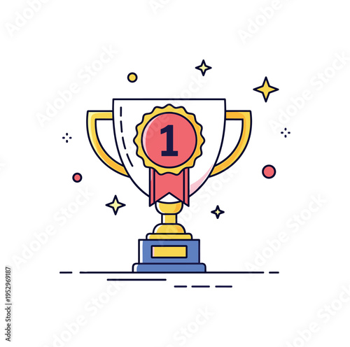 First place winner concept built around a trophy with a bold number badge and subtle star details, emphasizing victory and top ranking. The scene feels