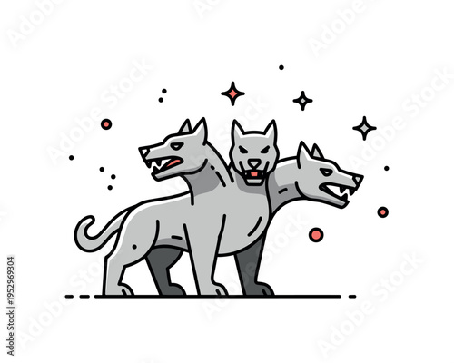 Cerberus myth inspired tattoo style badge with clean bold outlines forming a simplified triple headed canine silhouette. The scene conveys intensity,