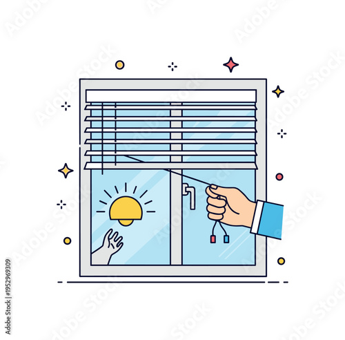 Office window blinds adjustment concept illustrated with a hand pulling a blind cord beside a window frame, symbolizing focus, glare reduction, and